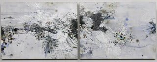 Abstract mixed media diptych of a dominantly black and white stretched cloud form made out of various organic shapes, dots and waves, and patterns reminiscent of scientific molecular diagrams. The cloud form is located along the center of the diptych and against a light blue background