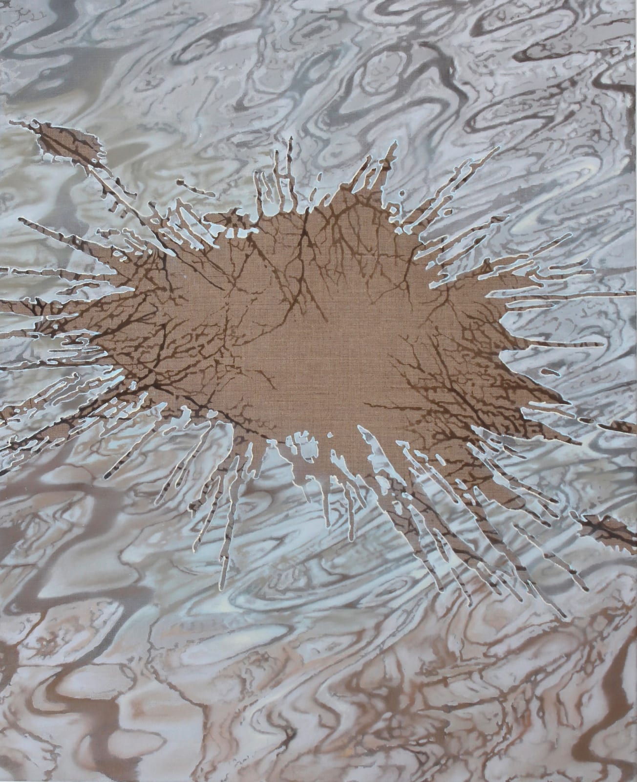 A background of rippled water rendered in white and gray is partially obscured by a large splash of paint in brown outlined in white. The splash has a burlap texture and many criss-crossing branch-like lines.