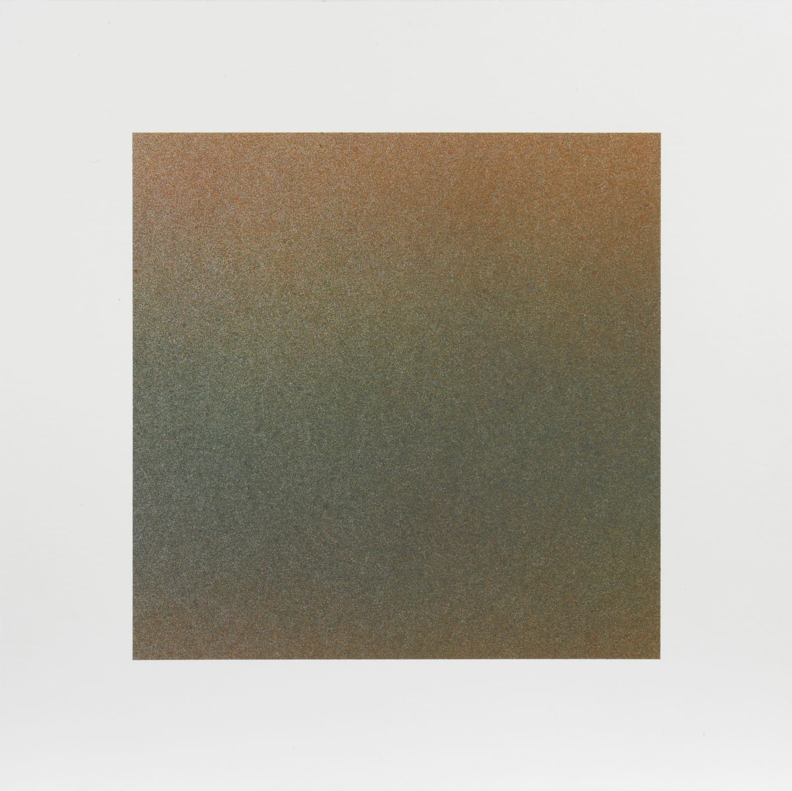 Against a white background, a green and brown square-shaped gradient color field is created from tiny brown and green marks.