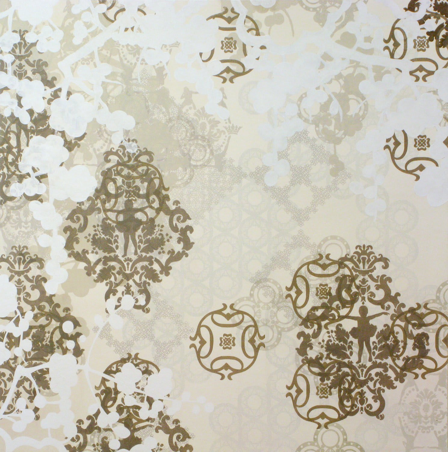 Brown gold and beige vegetal patterns against panel In the center of a few of the patterns a silhouette of a young ballerina is visible