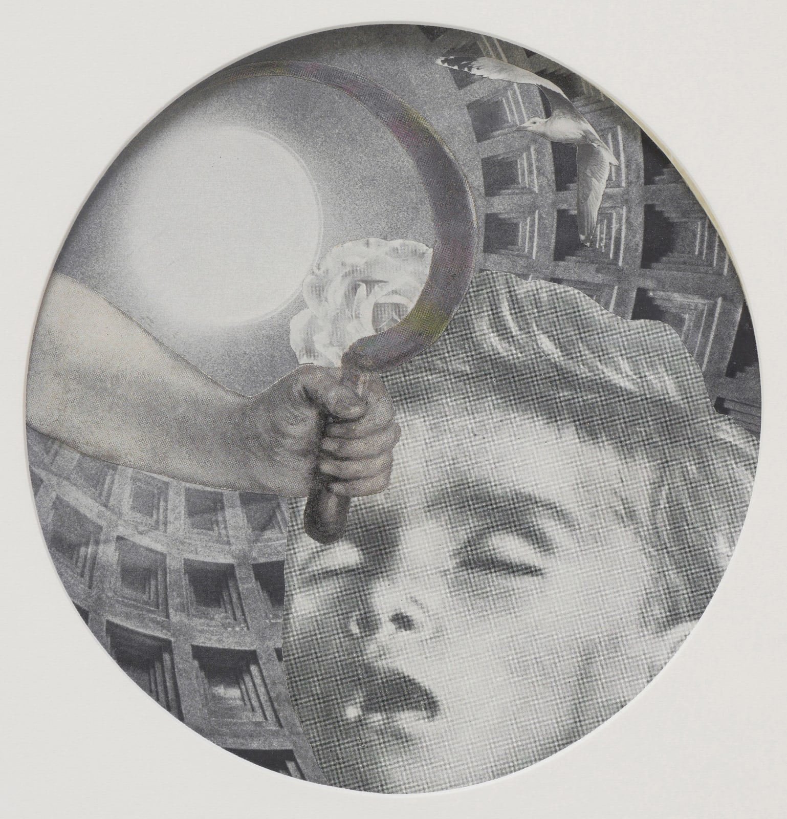 Greyscale collage featuring a young boy with closed eyes and open mouth, moon, forearm and hand holding a sickle, and a warped colosseum-like surrounding.