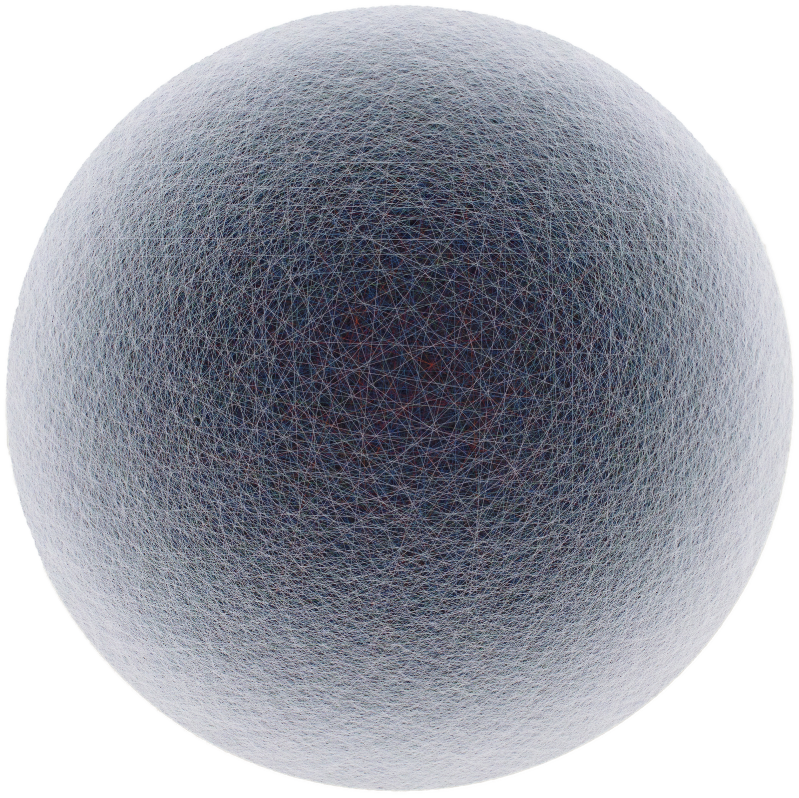 Layers of multi-colored threads strung across a round wooden and plaster panel create the effect of a dark blue center that fades to white on the outer border