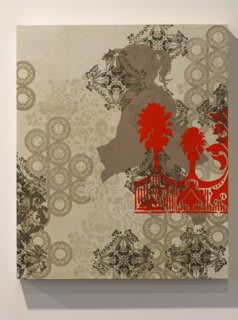 Several layers of various gray and vibrant red acrylic paint overlap to display multiple vegetal patterns, suzani motifs, and a large silhouette of a young girl in the upper right corner of the piece