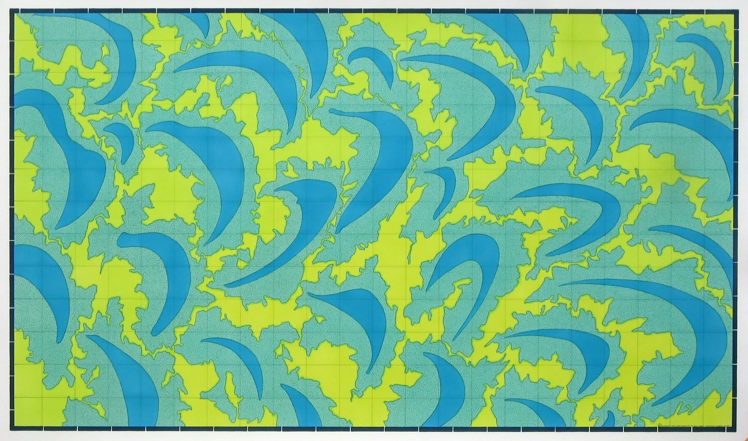 Multiple blue shapes take on the geographical form of Ox Bow lake formations and are surrounded by rough edged lime green and light teal shapes