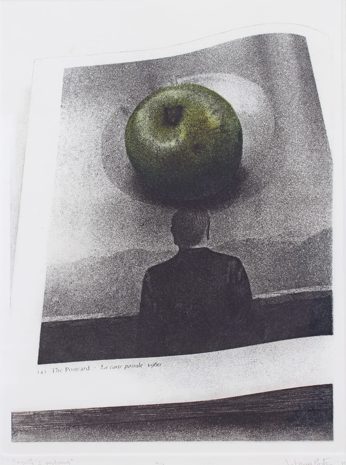 Dark photo etching depicting a book opened to a full image spread of a back of a man looking out towards a mountainous landscape. On top of the book and resting above the man’s head is a dark green apple which appears 2D