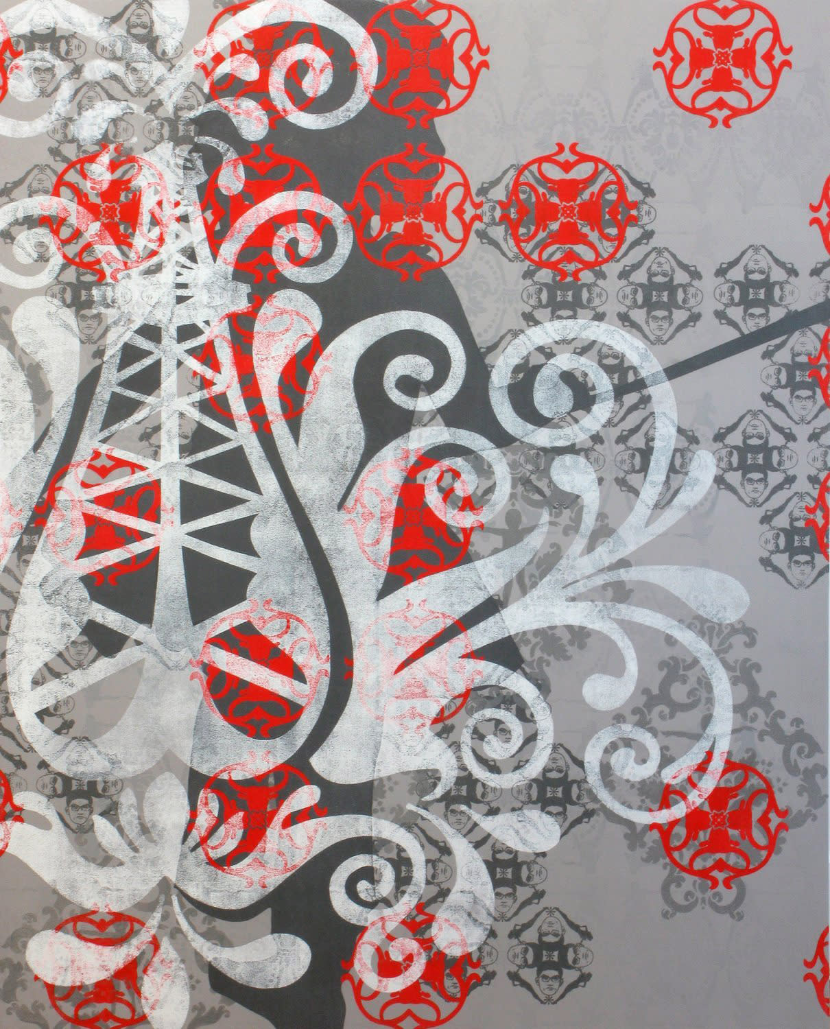 Several silkscreen layers of red white and dark gray paint overlap to display several patterns on a gray painted panel The patterns depict vegetal motifs, stereotypical asian iconography, modern pop culture icons, and elements from the artist’s Asian American upbringing in the primarily white suburb of Orange County California