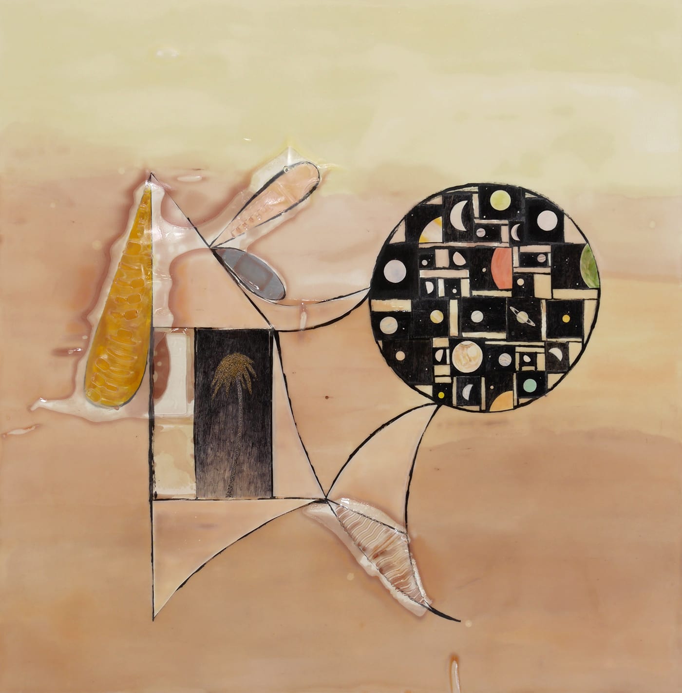 Warm toned mixed media piece depicting a geometric figure made out of interspersed cut out astronomical black ballpoint pen drawings, found plastics, and multi-colored painted shapes and black lines. A yellow and orange wash creates a simple background and the entire piece is covered in a textured bio-resin