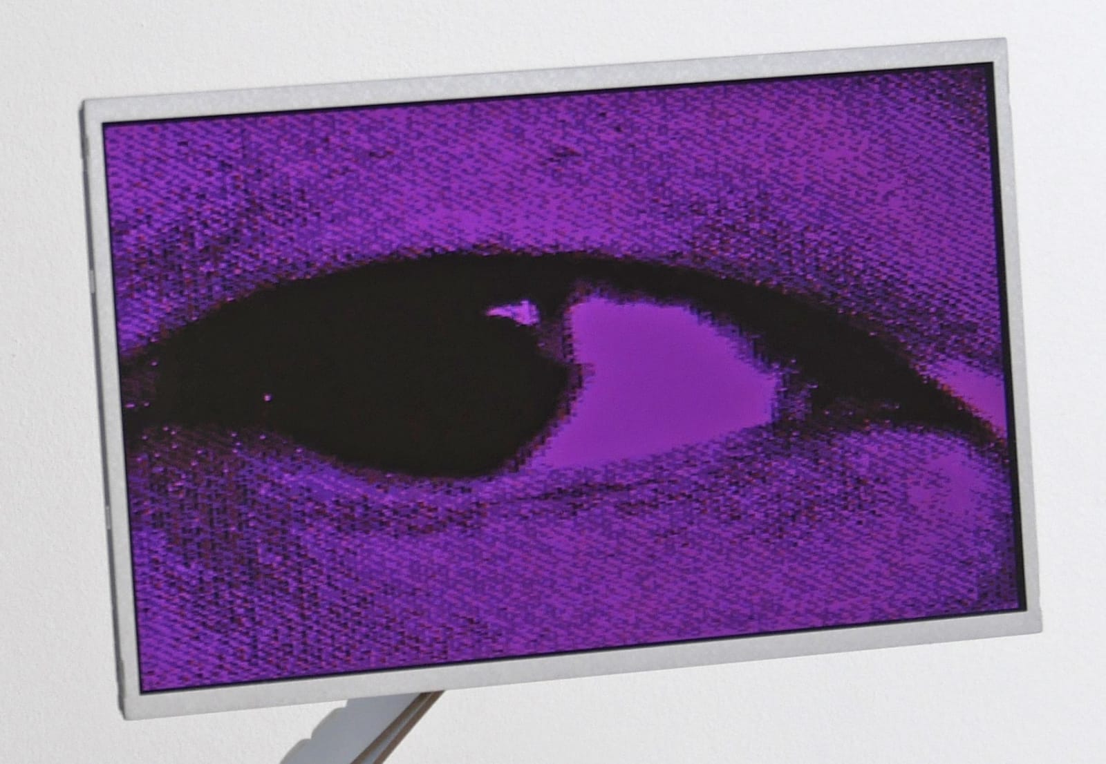 Detail of the LCD screen in Creature II with the purple colored eye looking to the left