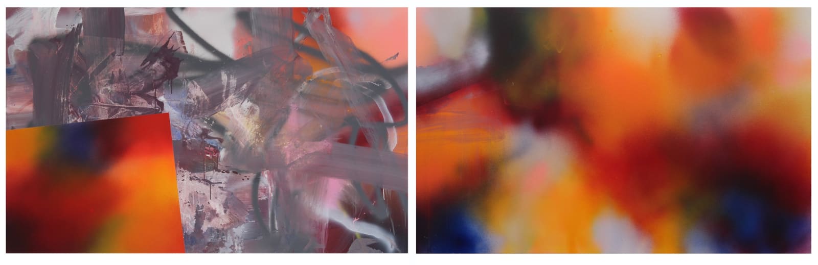 Diptych of two abstract panels. On the left side is a chrome orange square near the bottom left layered over loose gray brushstrokes. The right panel has a large blurry design in orange, red, brown and white.
