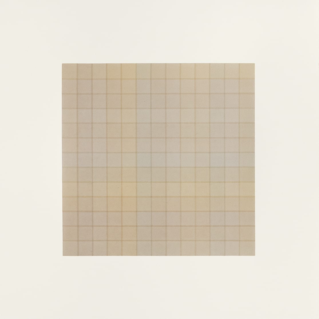 Brown horizontal and vertical grid lines separate squares of muted tan colors with hints of primary and secondary colors, creating grid of thirteen by thirteen squares.