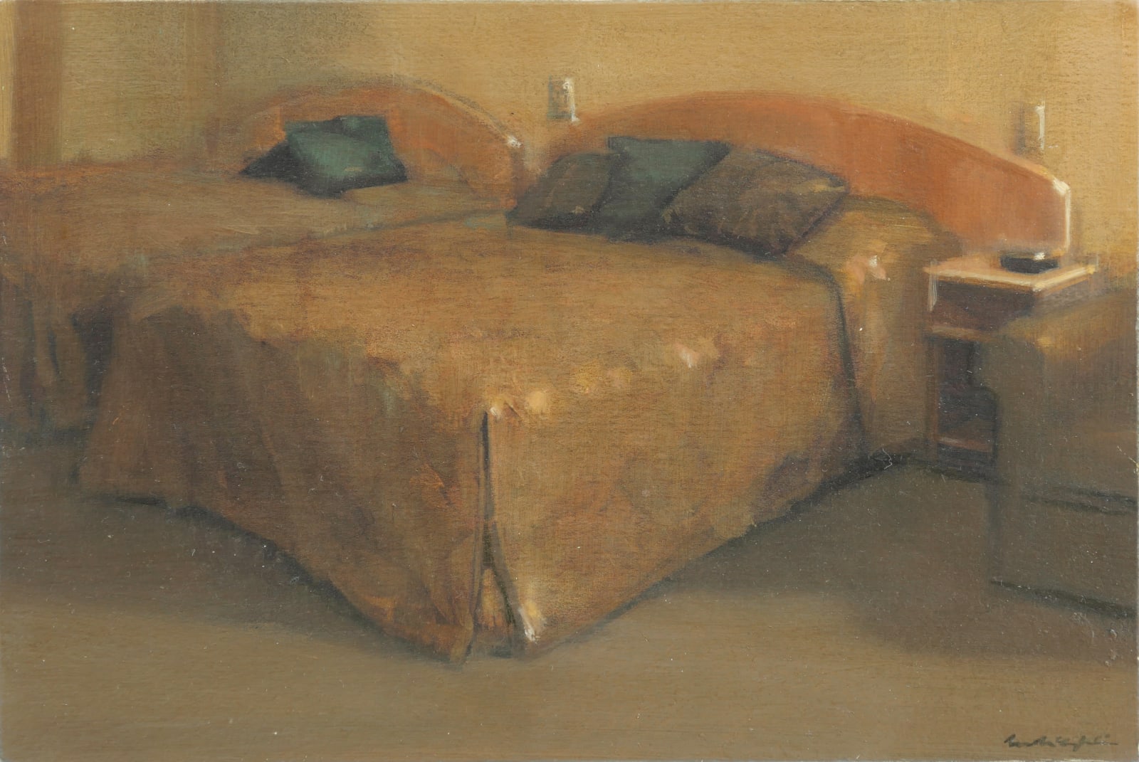 Two beds with blue pillows, a bedside table and an armchair are all depicted in yellow and orange hues.