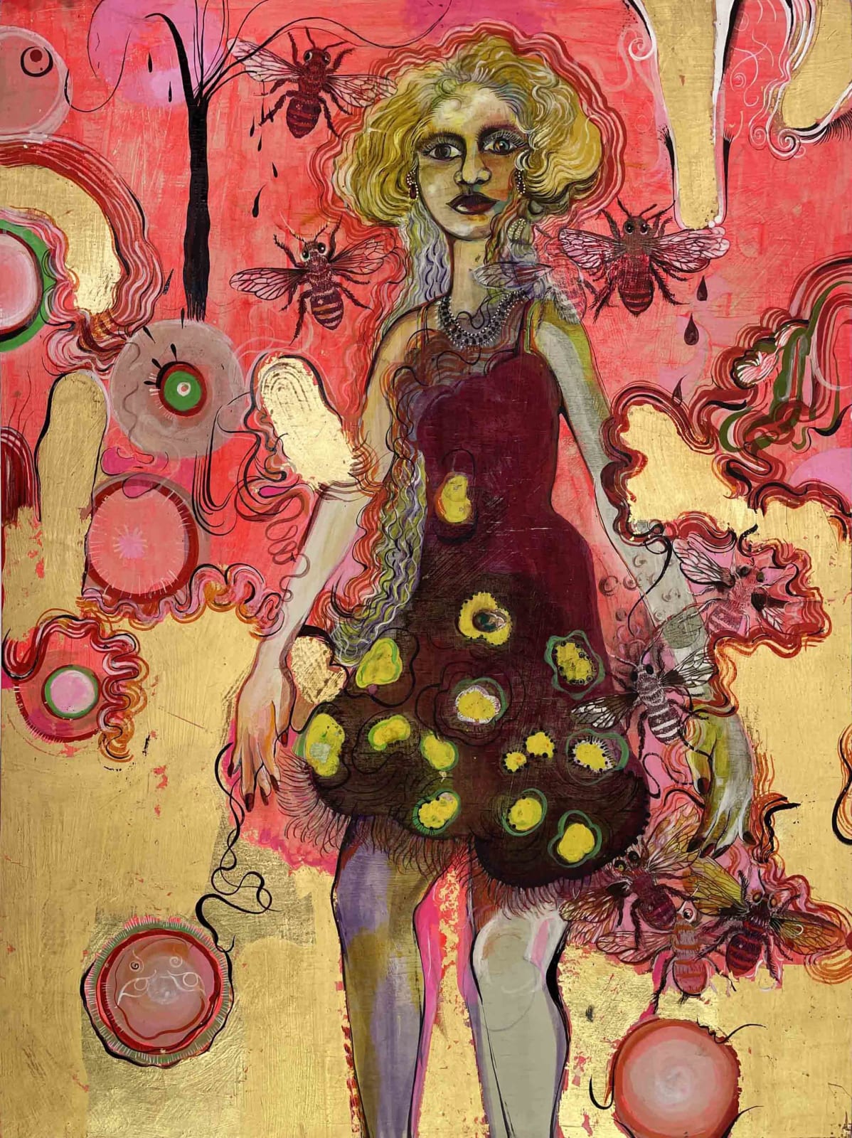 An image if a woman in floral dress surrounded by bees and ambition.