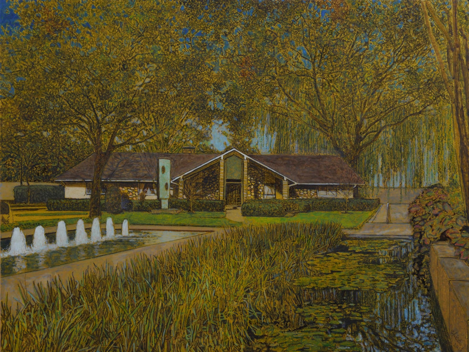 Stone house is surrounded by garden with modern sculpture, fountain, pond and glowing trees. Scene is eerily still as if frozen in time.