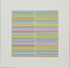 Thin bright multicolored horizontal lines against white negative space background. Sets of horizontal lines are broken into two columns, separated by one vertical white line.