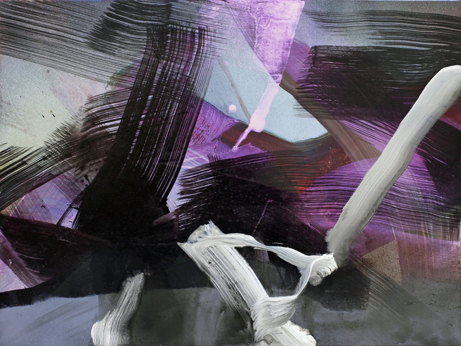 Textured black, white and purple brushstrokes criss-cross the canvas over pastel blue grainy background.
