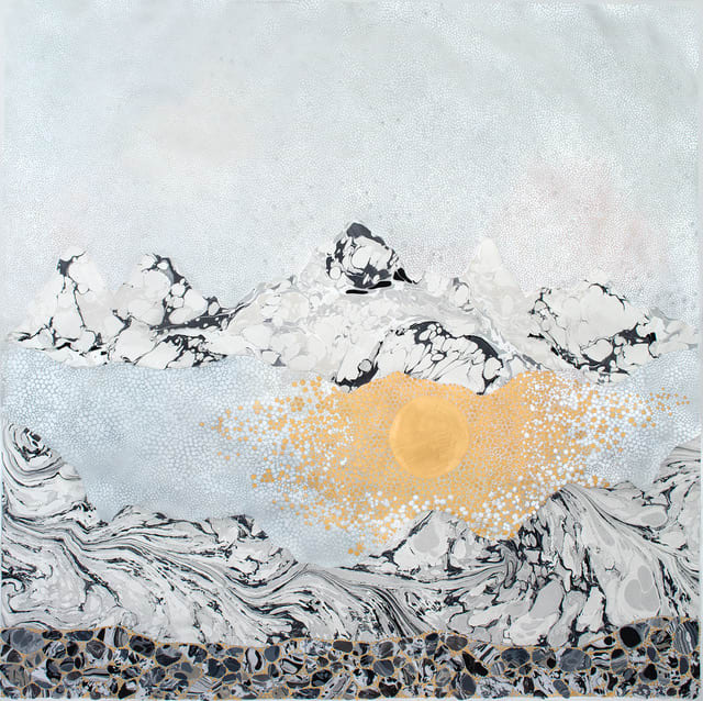 Mixed media marbled mountainous landscape with a valley filled with light blue and silver pointillism clouds. Towards the bottom right center a gold metallic moon shines and illuminates the clouds around it making them yellow