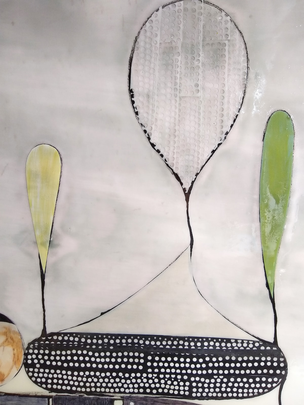 Detail of the top right portion of the geometric figure in The Super Earth Dilemma 48:1 showing several painted shapes that appear to be balloons