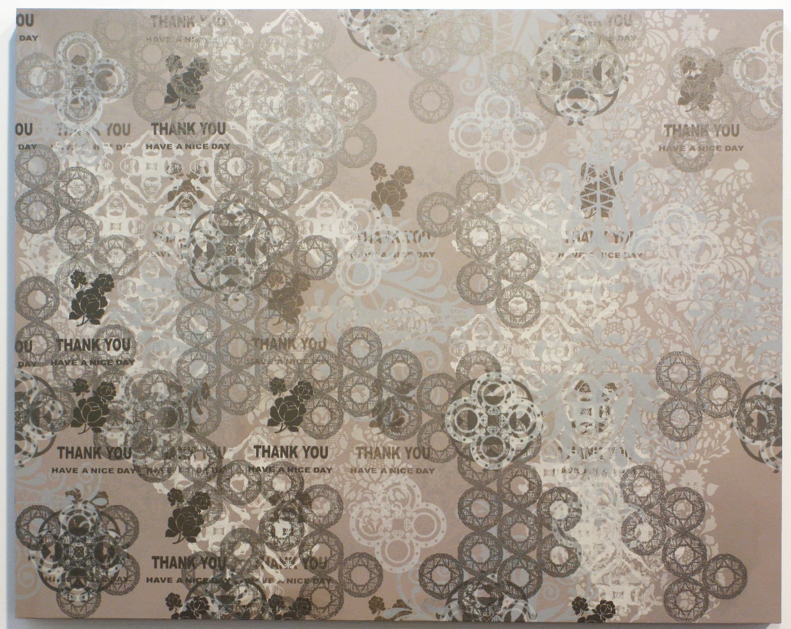 Several layers of brown gray and beige acrylic paint against a light brown painted panel display multiple patterns The patterns contain vegetal and suzani motifs along with modern day Asian American imagery