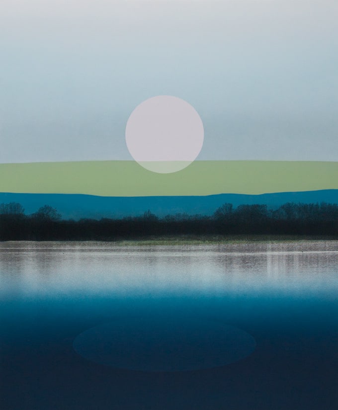 Multiple silkscreen layers of blue black and green paint form a constructed landscape of a distant shore of a river. In the upper center of the piece a light gray small circle floats in the sky and alludes to a full moon