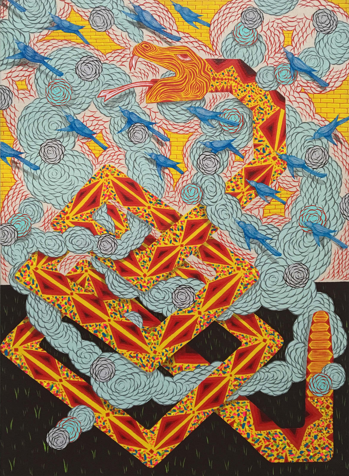 In front of yellow brick background, blue birds fly towards top left corner of canvas and turquoise, white and red clouds swirl around. Geometric red and yellow snake is entangled with clouds.