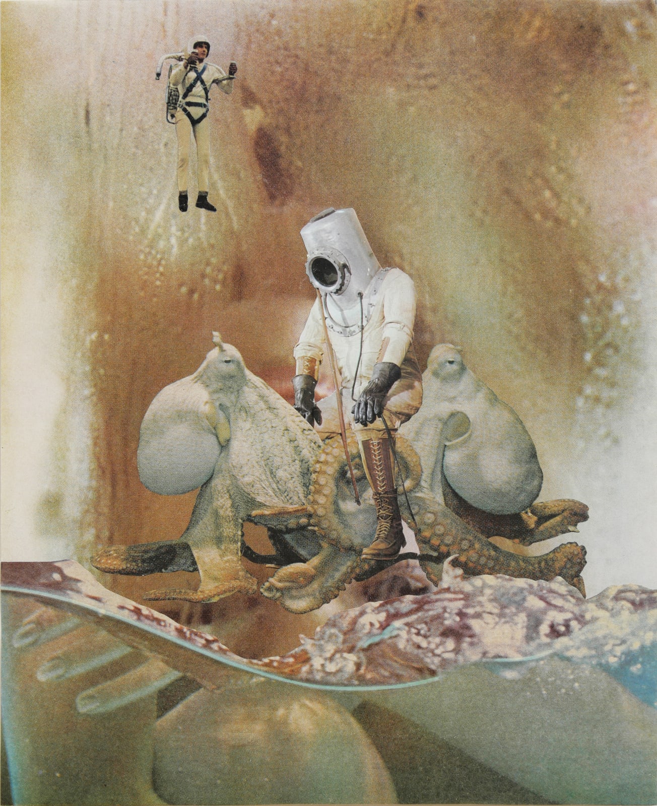 Paper collage of various cut outs from nineteen eighties magazines create a surreal scene of a white scuba diver saddled on top of two white octopuses. Above this another but smaller white scuba diver is floating in the air towards the upper left of the piece