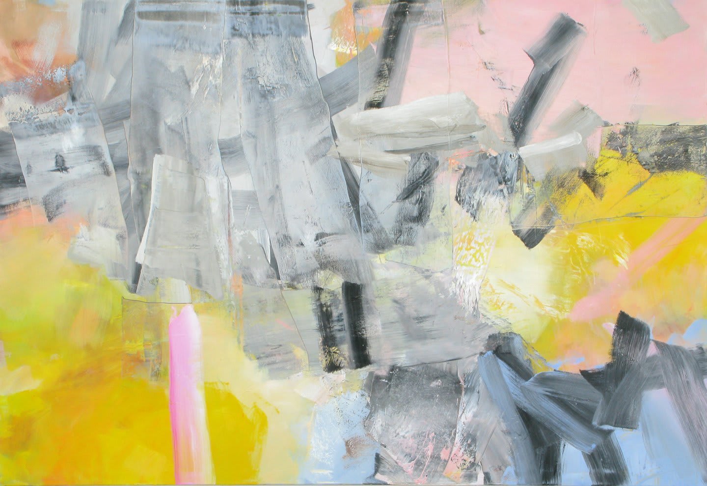 Abstract multicolored design with gray brushstrokes over yellow, pink and blue background.