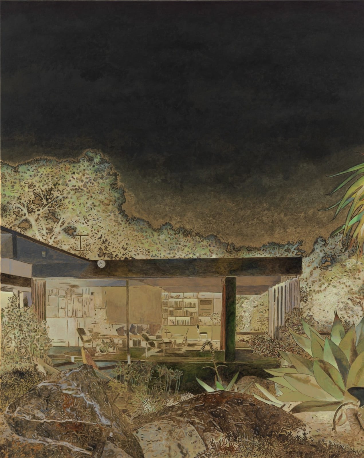 Desert landscaping in the foreground stands in front of patio and modern house with glass walls. Chair, desk and bookshelves can be seen inside the house through the glass. Glowing abstracted trees and dark night sky loom over house and landscaping.