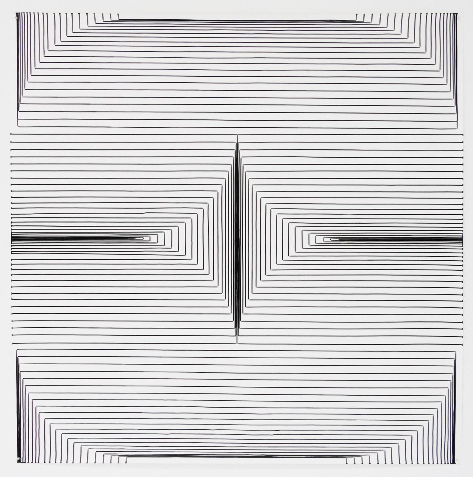 Horizontal and vertical straight black ink lines form a large curving diamond shape which is made by four mirrored sets of curves At the several points throughout the work the lines get closer together and create an optical illusion of depth