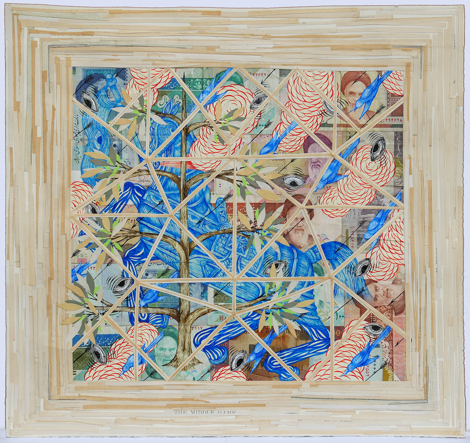 Realistic portraits, red and white scalloped smoke, a blue horse, a tree, black and white eyes and writing in foreign languages are all encased in a window frame criss-crossed with tan lines.