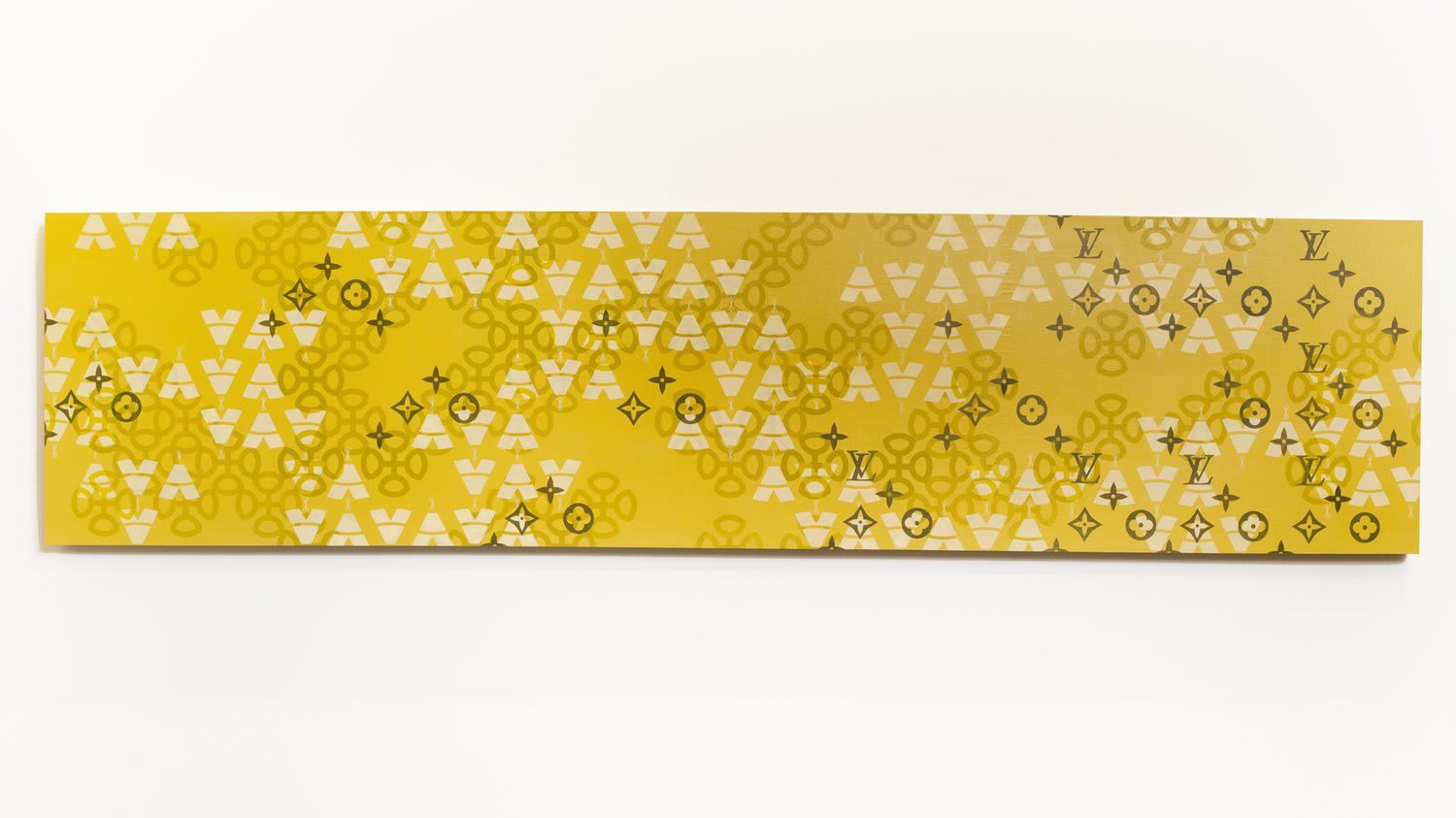 Brown white and dark yellow patterns overlap on a vibrant yellow painted panel The patterns depict indigenous stereotypes, luxury brand icons, and geometric asian motifs
