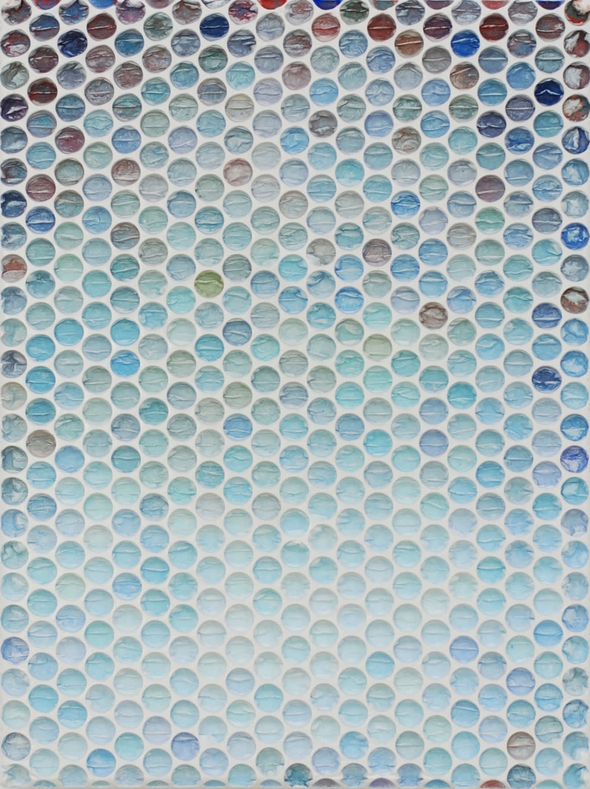 Bubble wrap indents cast into plaster and painted in various hues of blue Towards the upper portion of the piece green brown and gray are also used
