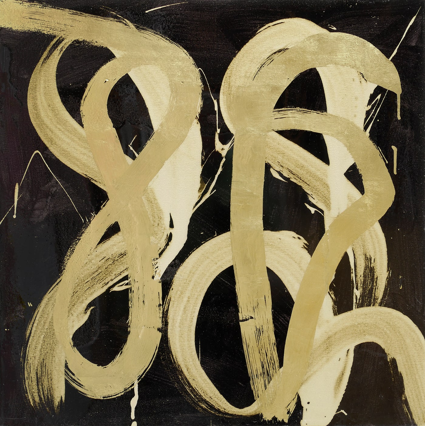Hasty thick lemon gold leaf brush strokes that dip dive and loop across the black painted canvas