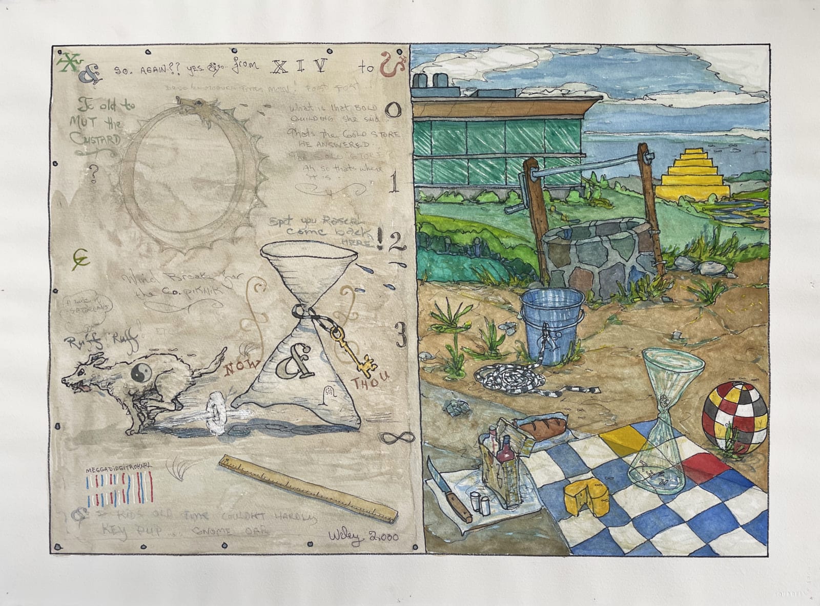 Watercolor divided into two panels; left side is only neutral colors with classic Wiley phrases and iconography, the other is a colorful picnic scene.
