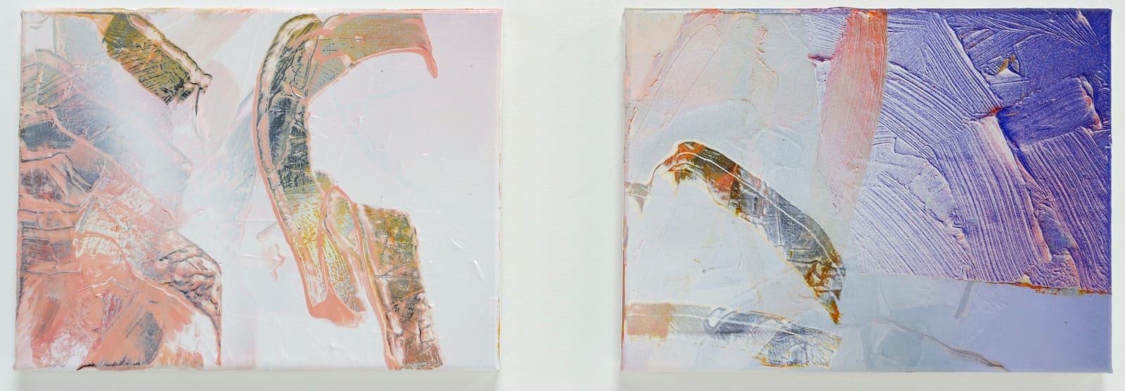 Diptych of two abstract panels. Left panel has abstract textured brushstrokes in salmon and turquoise over a mostly white canvas. Right panel has similar color scheme except that top right corner of canvas is filled with highly textured purple brustrokes.