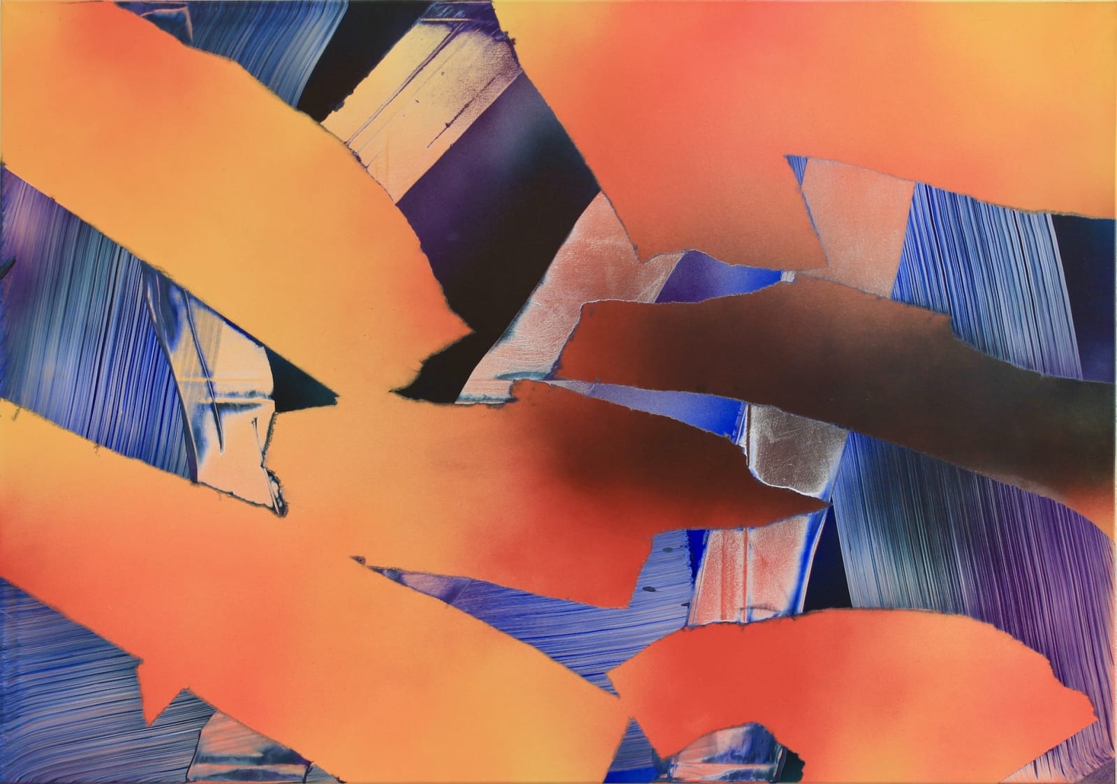 Abstracted blue brushstrokes layered with bright orange shapes that have an appearance similar to shattered glass.