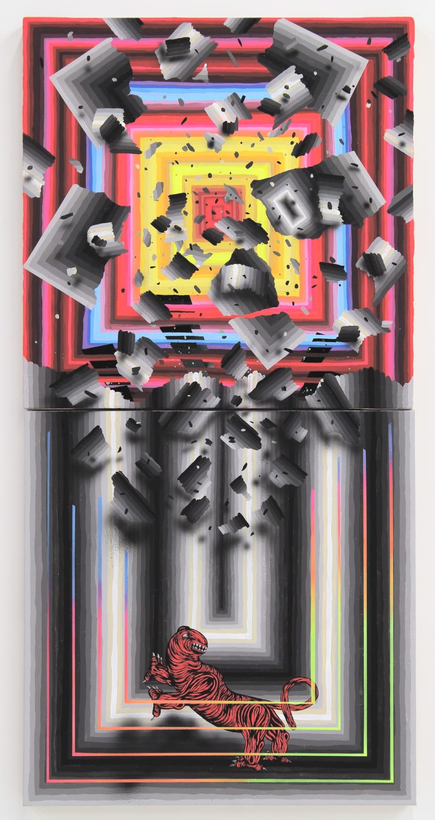 Two panels are arranged in a vertical manner. On the bottom, white and black gradient concentric rectangles interspersed with rainbow colored lines frame a black and red beast. On the top, a colorful set of concentric rectangles lies behind shards of black and white rectangles that fall onto the bottom canvas.