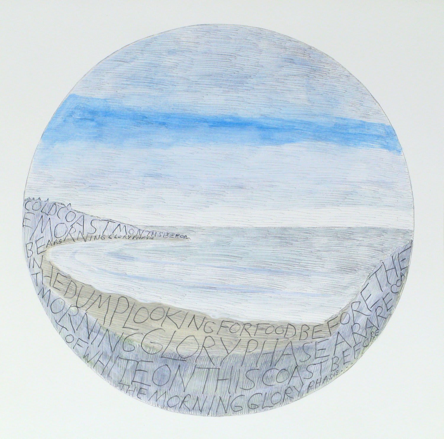 Large circular ballpoint pen drawing with washes of blue and green acrylic and gouache create a rocky seaside landscape At the bottom of the piece various thoughts are written down in all caps and fill the entirety of the rocky and green landscape