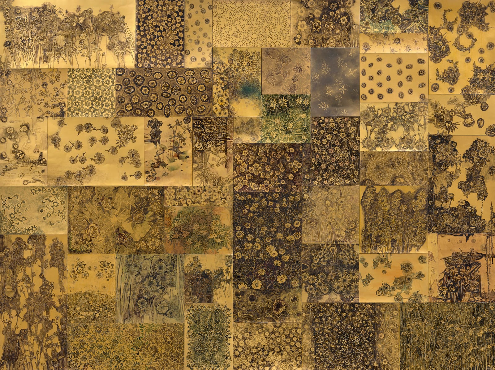Grid of many abstract floral patterns in gold and black.