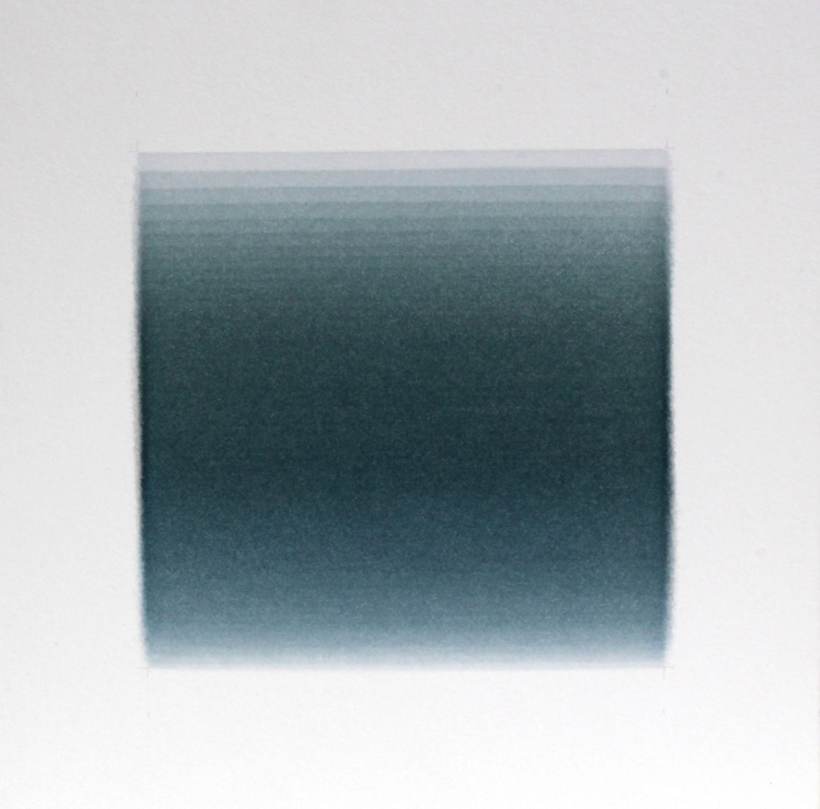 Thin horizontal lines are painted in gradient hues from light gray to dark turquoise and back to light gray again, creating a square color field. The gradient effect is created from the overlapping of the horizontal lines.