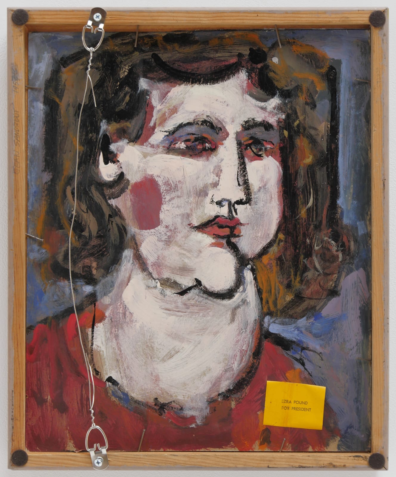 View of the back of SEND MONEY with a loosely painted portrait of a person with pale skin two brown ponytails and a red shirt