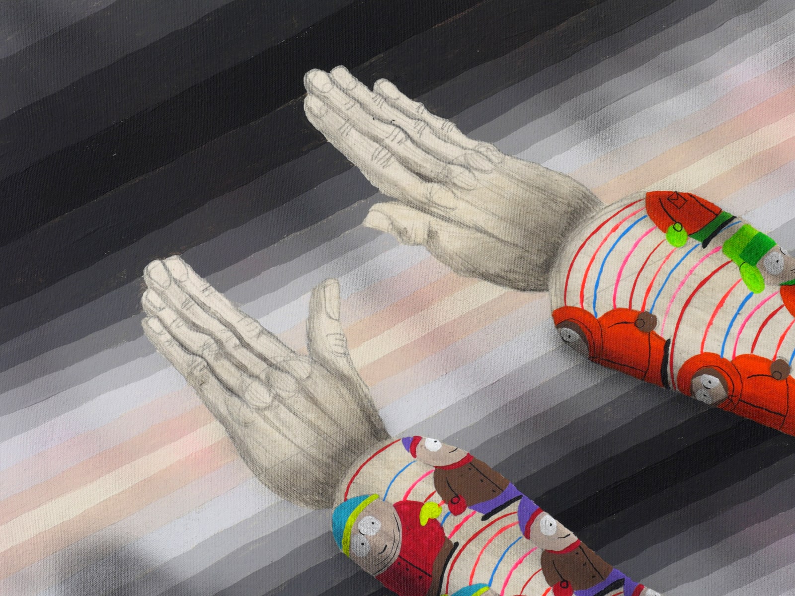 Detail of Bowing Man in Technicolor Southpark Robe.