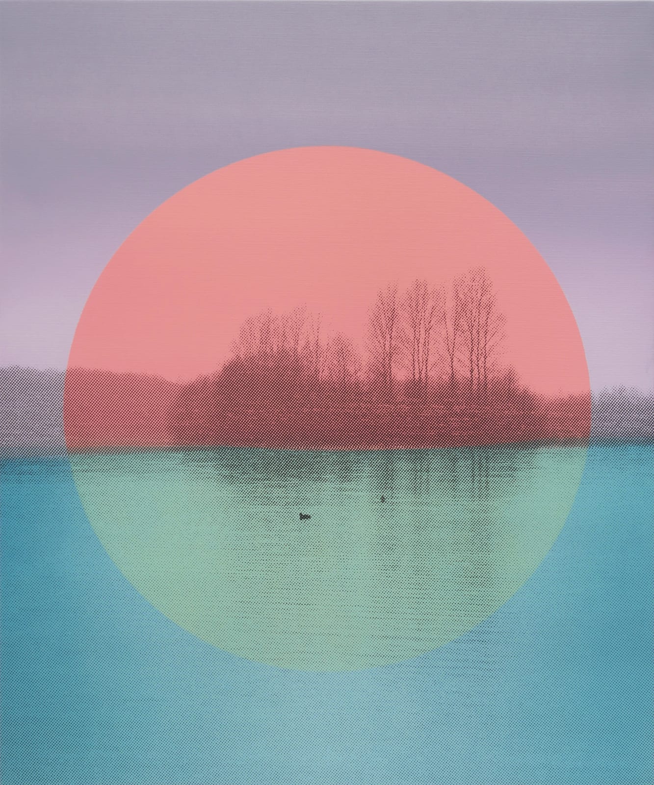 Multiple silkscreen layers of gray blue green and pink paint form a constructed landscape of a blurred and heavily pixelated river bank with two ducks in the water. In the midground and at the center of the piece a large pink and green circle covers and brings attention to several trees and the two ducks in the water