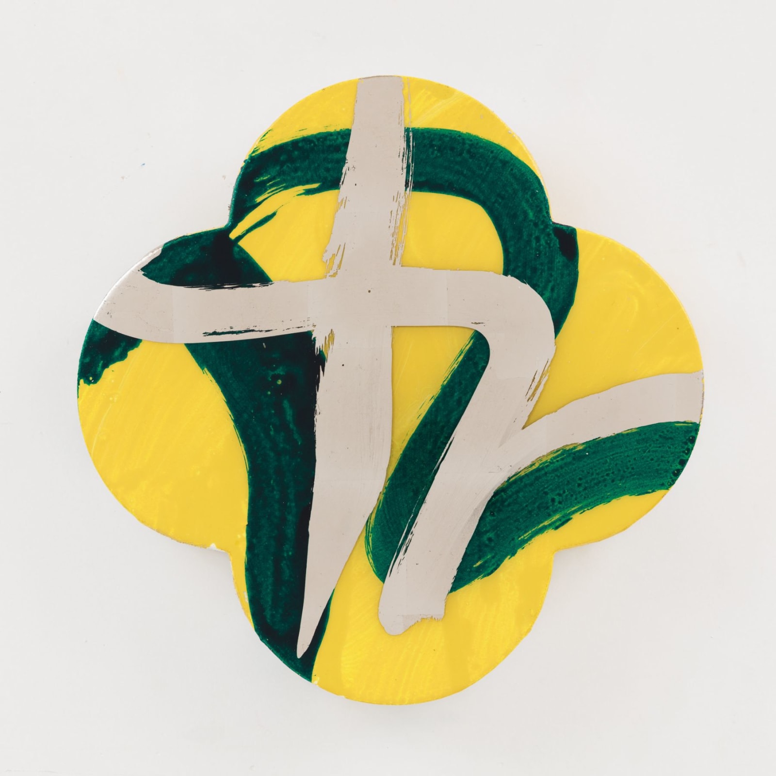 Hasty thick dark green and copper leaf brush strokes that dip and dive across the yellow painted quatrefoil cut canvas