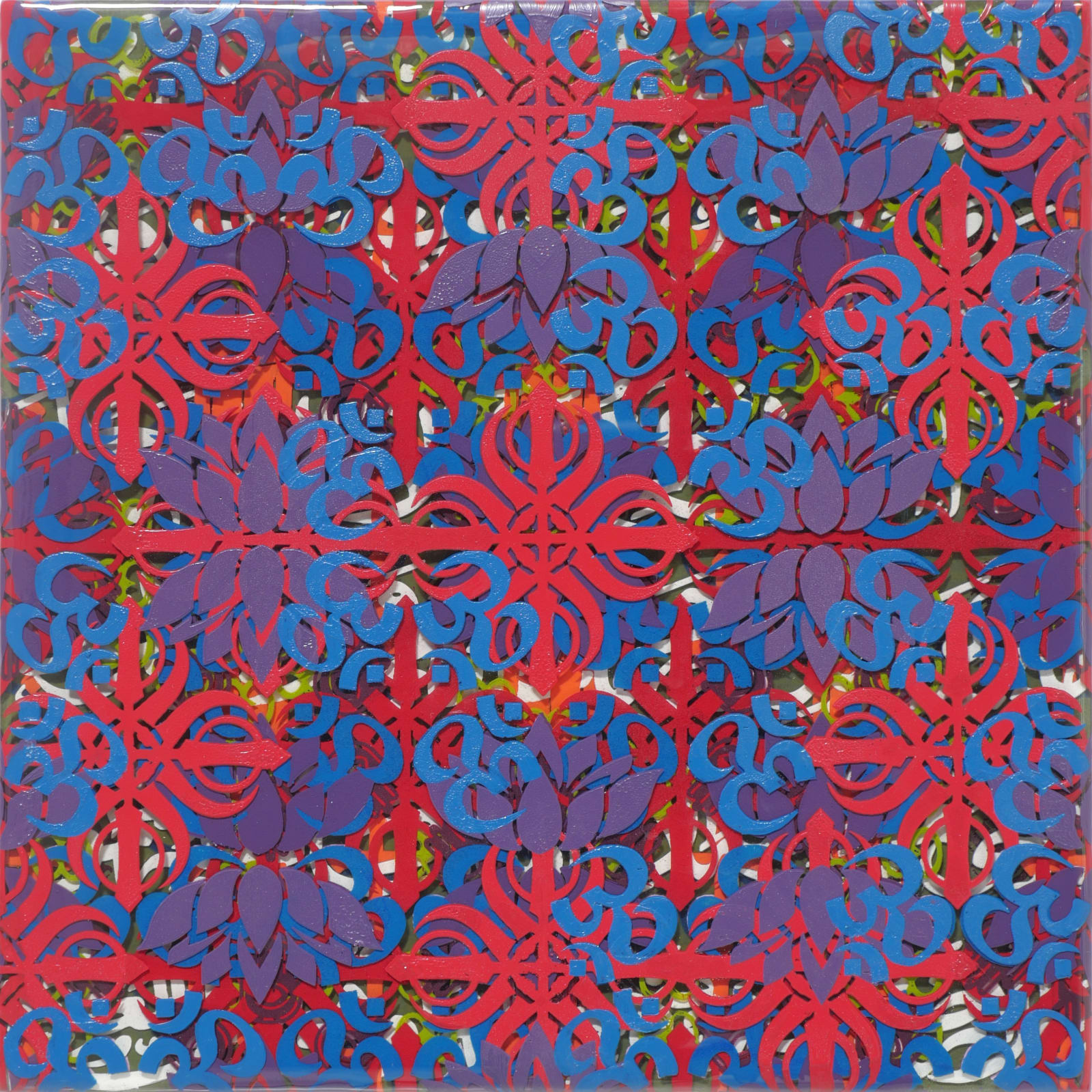 Multi-colored symbols from a variety of different cultures and ethnicities including Lotuses khanda symbols and aum symbols are layered on top of each other to create a three D illusion