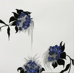 Mixed media piece depicting three large black gray and blue flowers with several petals and dripping centers