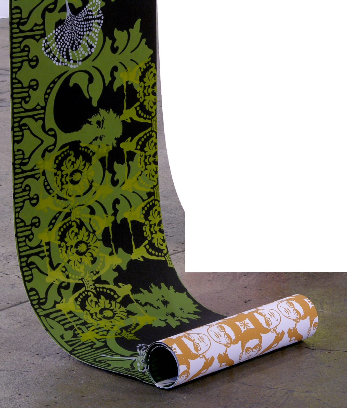 Two sided hanging scroll with several silkscreen and Inkjet layers of multi-colored patterns. The patterns depict various asian stereotypes, vegetal motifs, and elements of the artist’s Asian American upbringing in the primarily white suburb of Orange County California