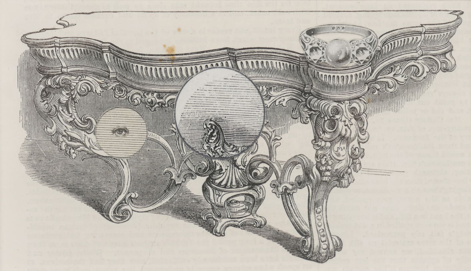 Etching of antique table with large pearl ring and two floating orbs. One is magnifying the details on the desk and the other has an eye in the center.