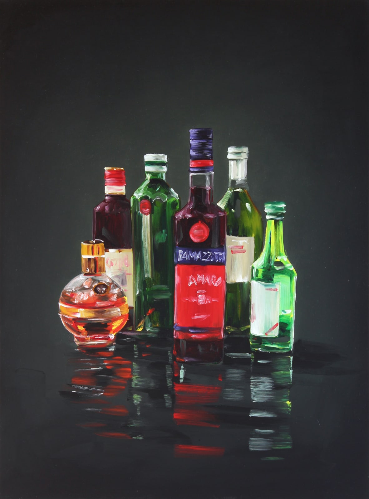 Six glass bottles with colorful but blurred labels face the viewer and reflect onto dark surface they stand on.