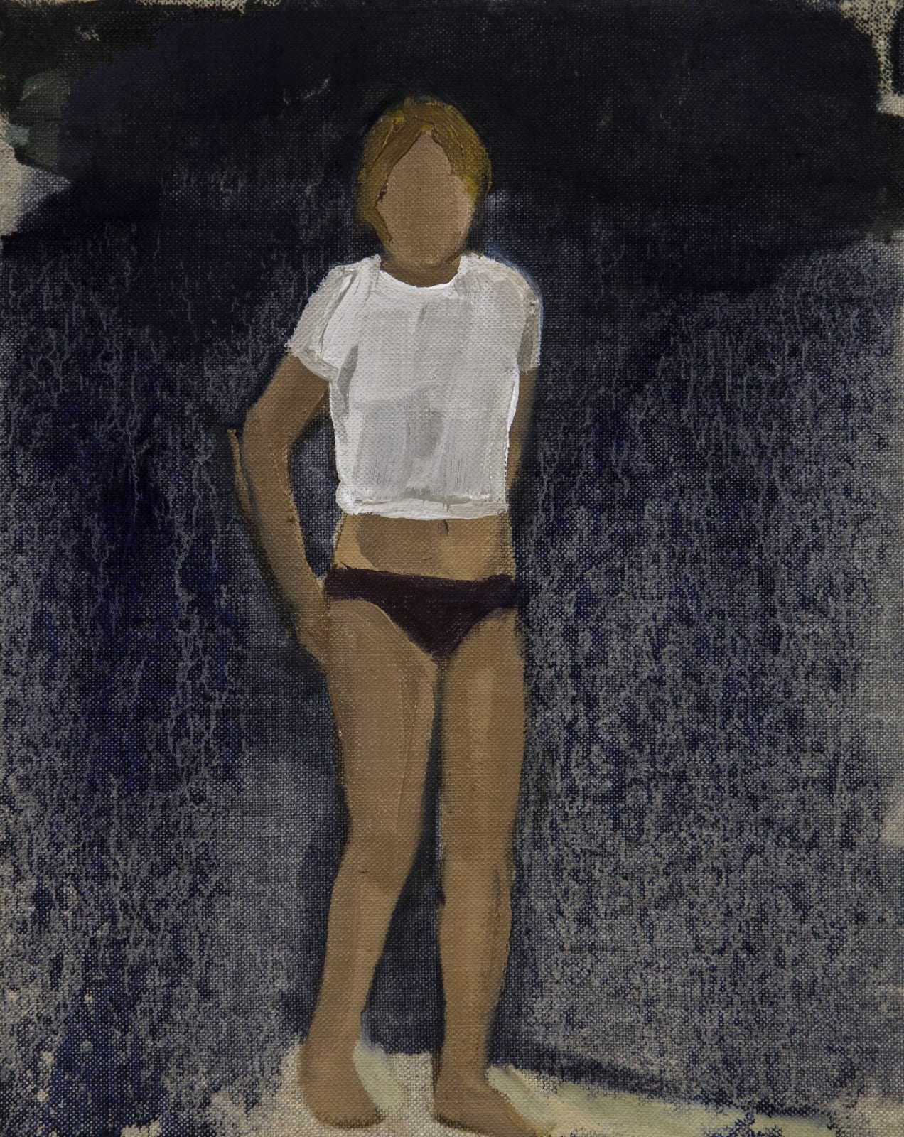 Faceless woman in underwear and cropped white t-shirt stands facing the viewer against dark blue night sky.