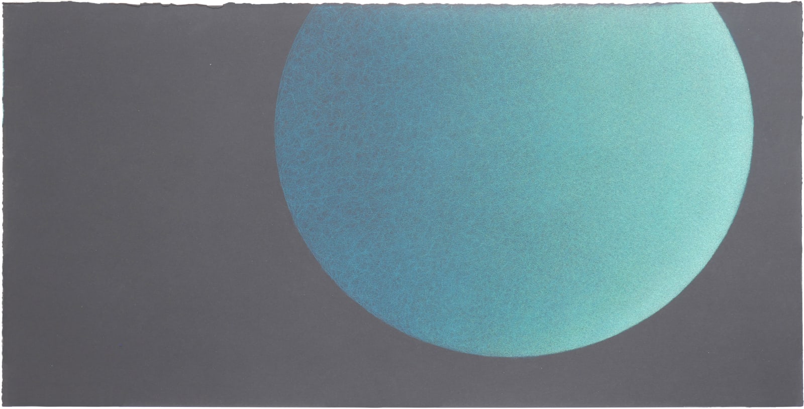 A turquoise sphere, ombre from light to dark turquoise from right to left, is off-center to the right with a quarter of the sphere cut off at the top with a rough tear on a black horizontal rectangular background.